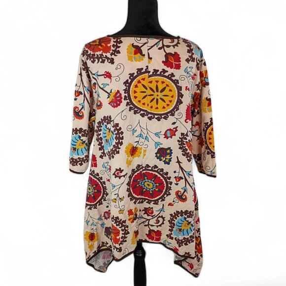 HELEN'S HEART Women's Boho-Chic Tunic Top XL Cotton Linen Floral Eclectic Folk - Picture 2 of 5